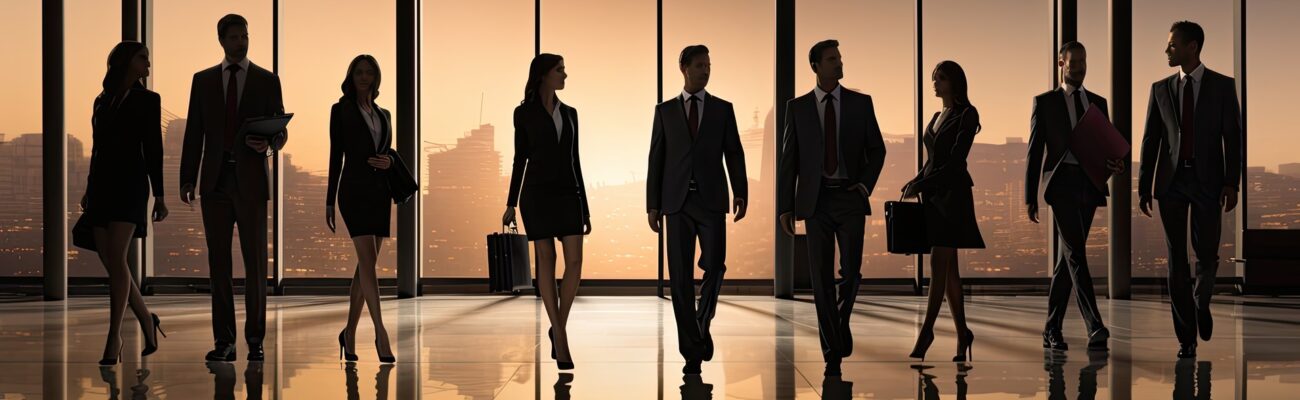 Silhouettes of people, businessmen, financiers, executives against the background of a panoramic window of a glass skyscraper in the office.